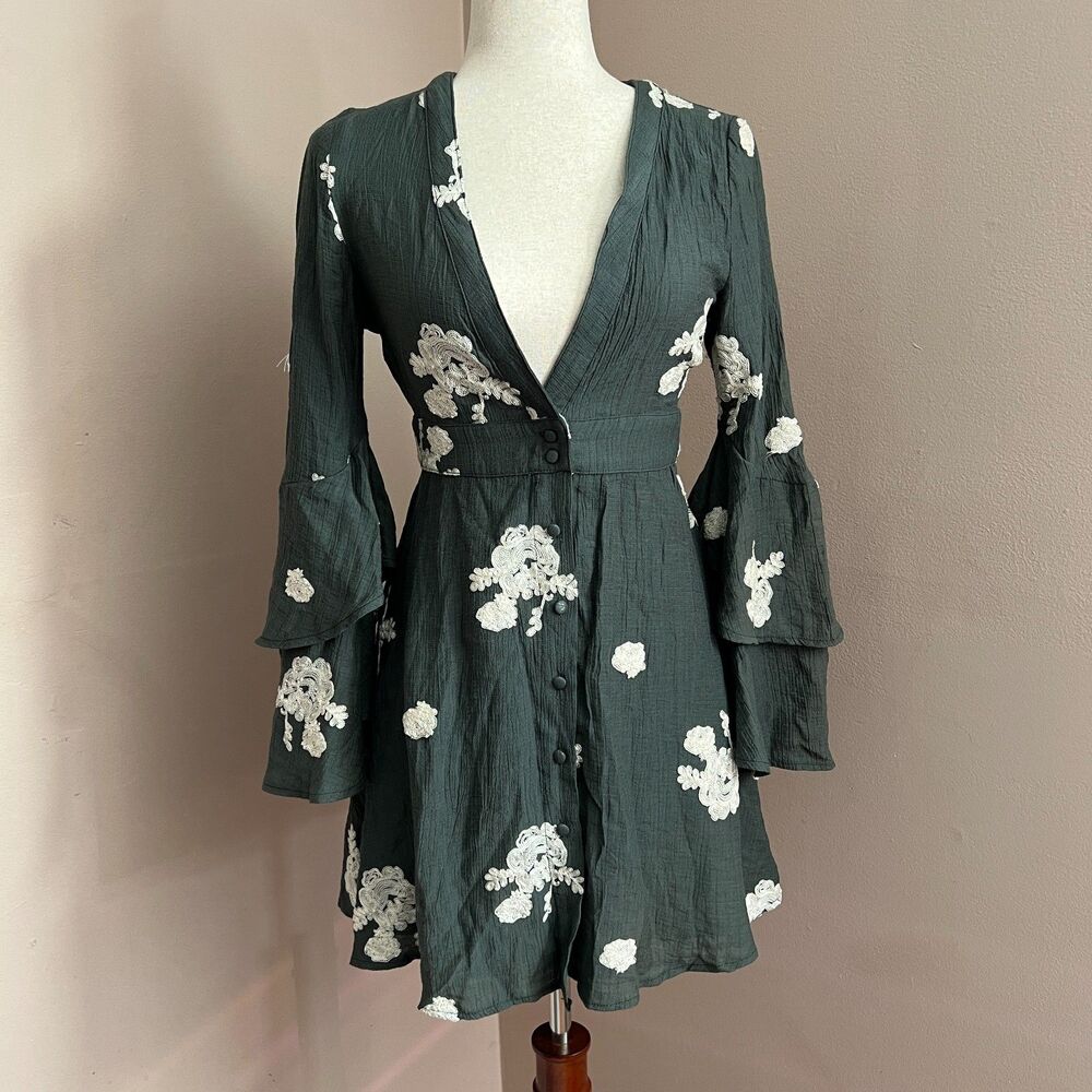 Sadie & Sage Dark Green Floral Mini Dress with White Embroidery